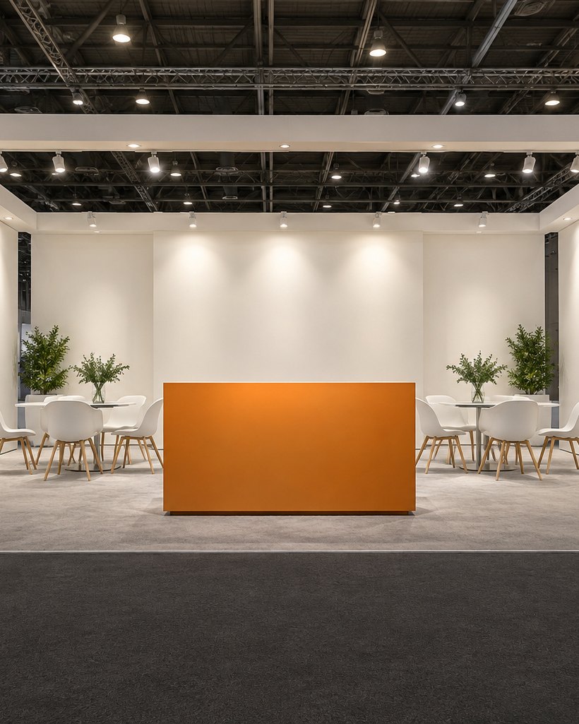 Fertiger weißer Stand mit orangem Tresen, Pflanzen und weißen Tischen unter dem Hallenlicht.