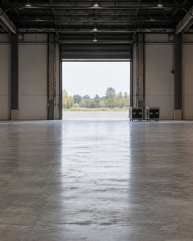 Leere Halle bei Tageslicht, das Tor ist offen, am Tor stehen Flightcases.