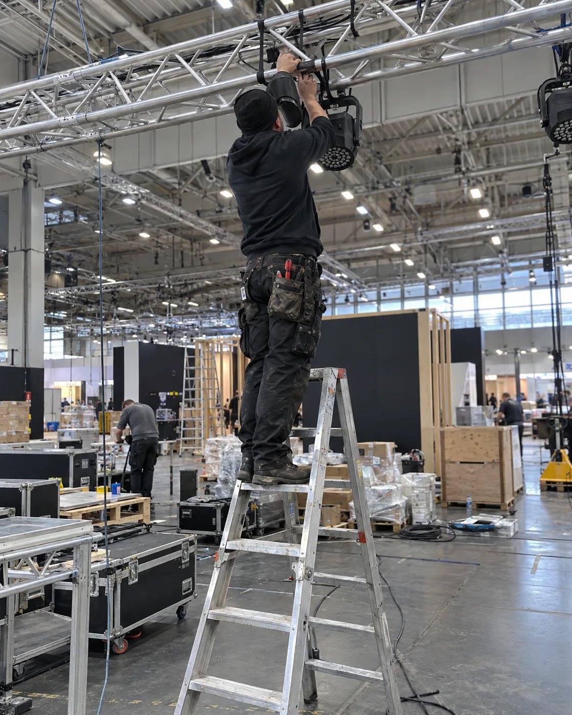 Monteur auf einer Leiter hängt in einer Messehalle einen Scheinwerfer an die Traverse, unten stehen Flightcases und Holzkisten.
