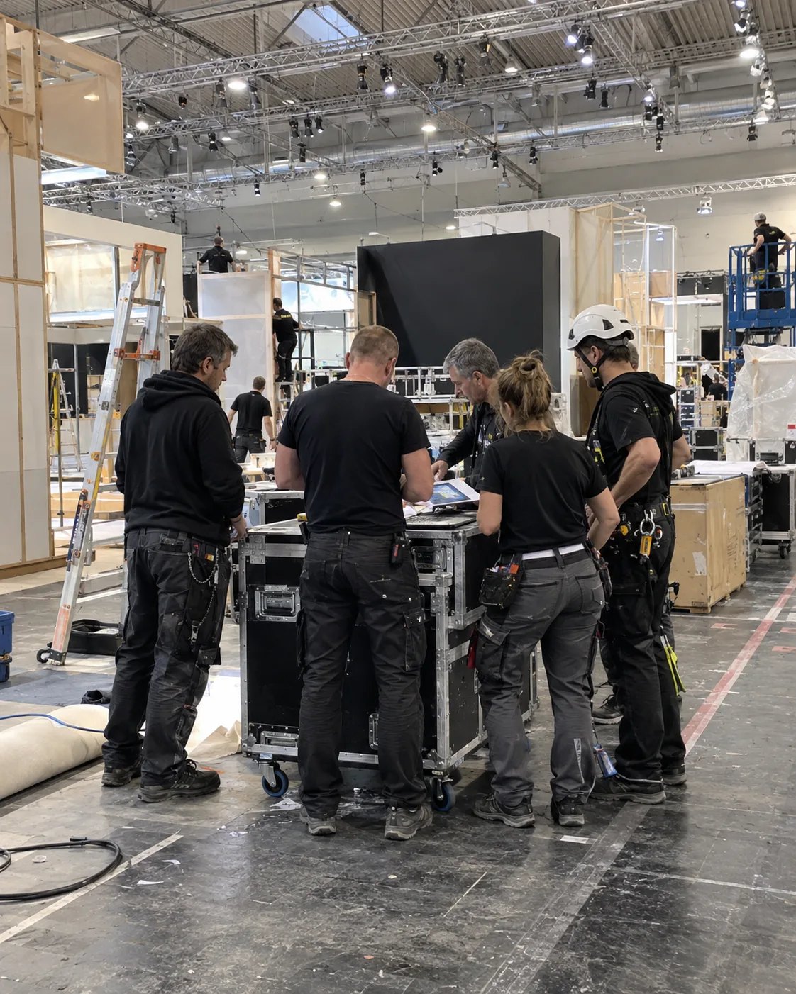 Fünf Personen der Crew beugen sich in der Messehalle über einen Flightcase und besprechen den Plan.
