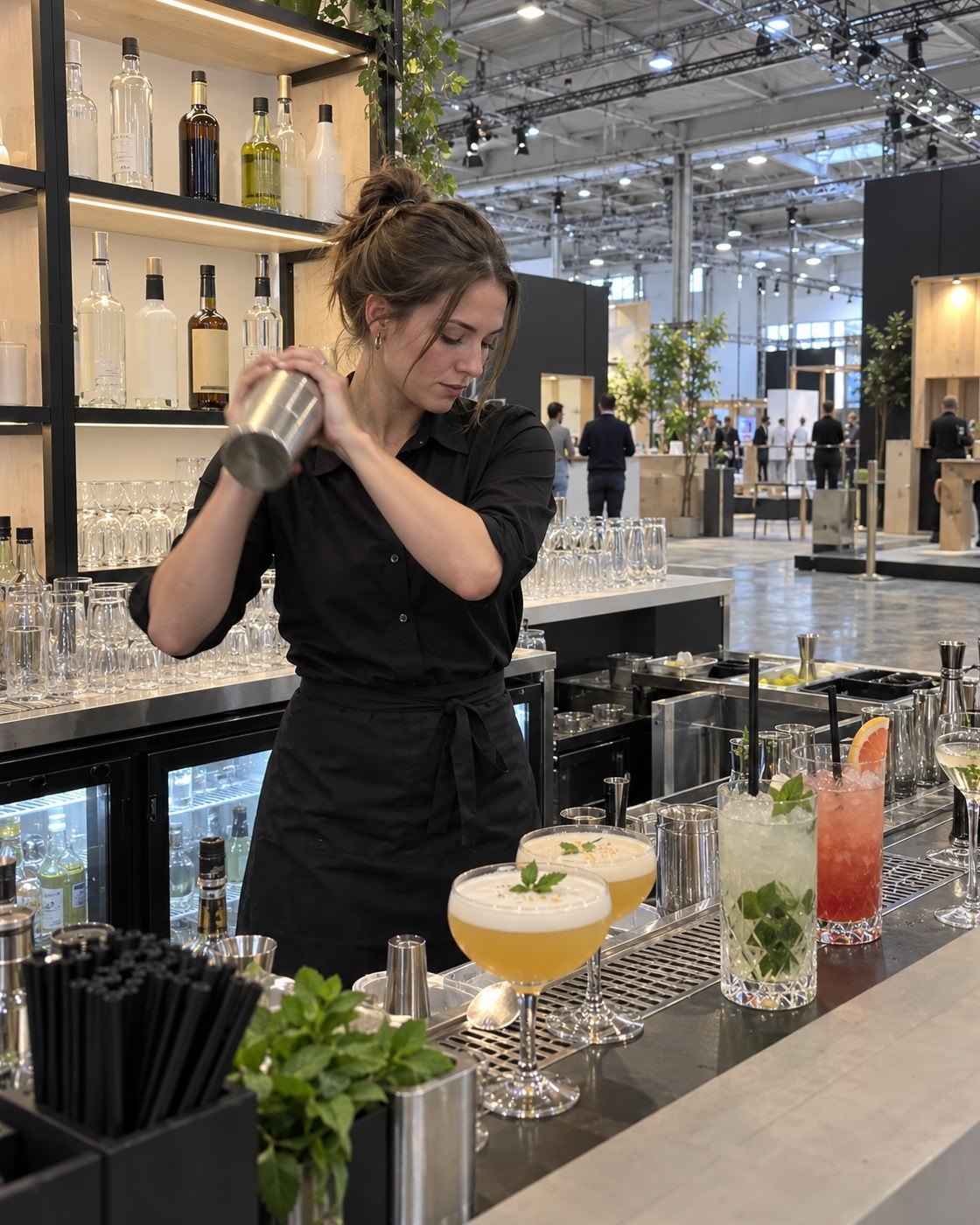 Barkeeperin in schwarzer Schürze schüttelt an einer Messebar einen Cocktail, vorn stehen fertige Gläser mit Minze und Orange.