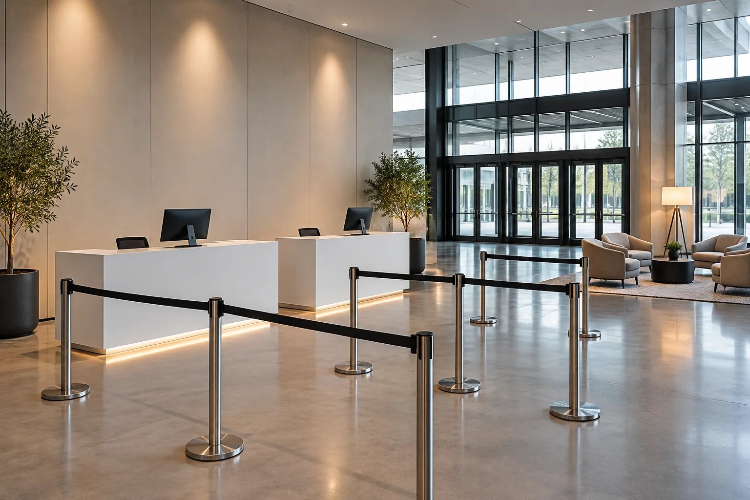 Zwei weiße Empfangstheken mit Absperrständern im Foyer vor einer Glasfront.