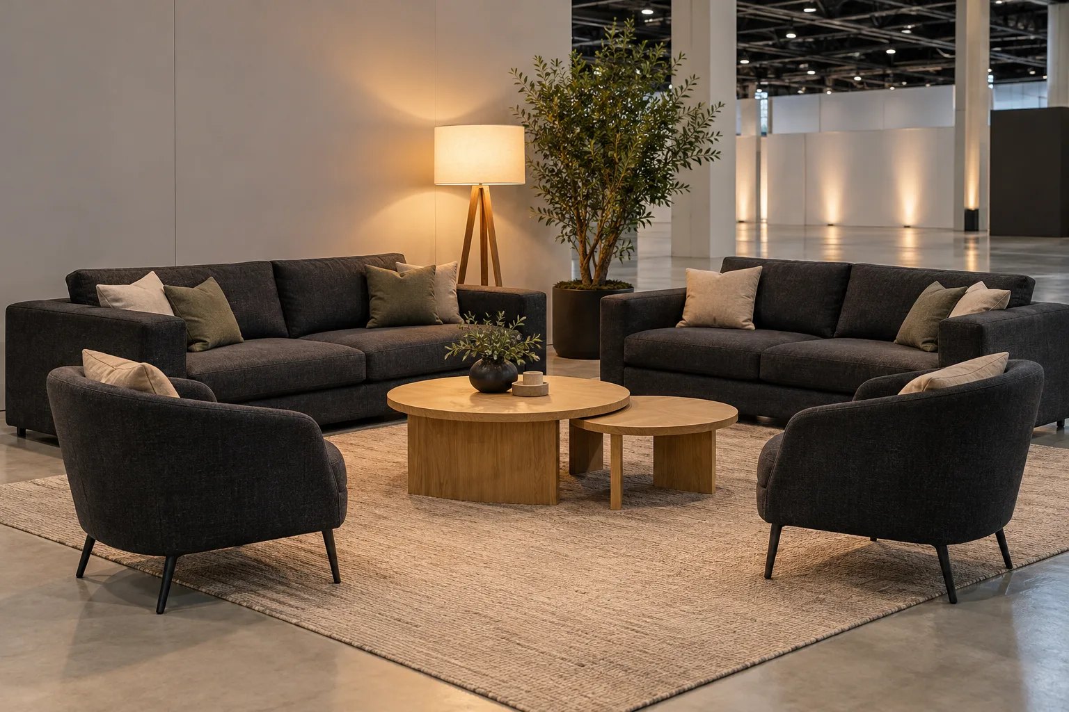Sofas und Sessel um einen Holztisch auf einem Teppich in einer Halle, daneben Stehleuchte und Olivenbaum.