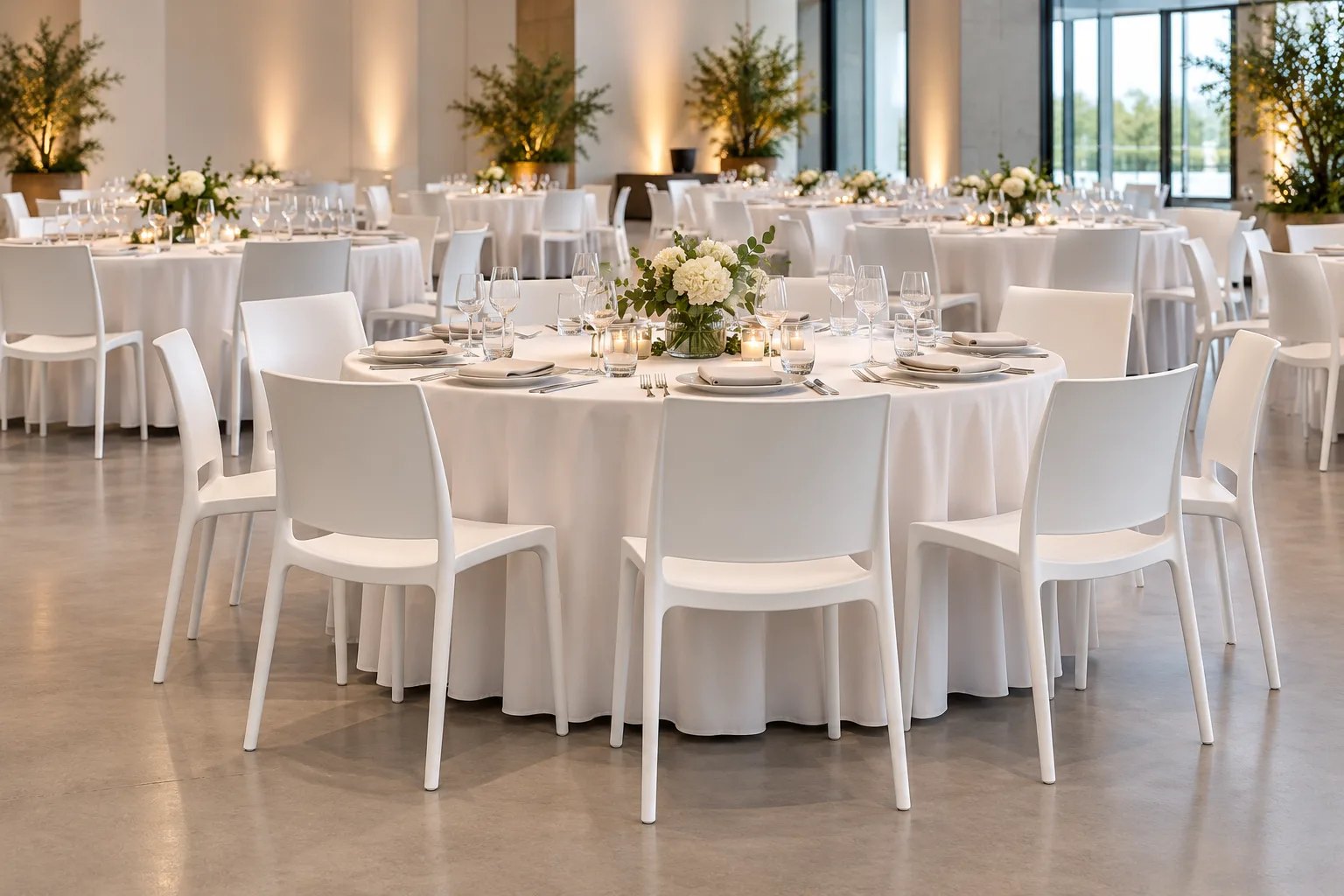 Runder Tisch mit weißem Tuch, weißen Stühlen und Blumengesteck in einem hellen Saal.